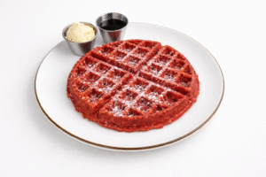 Red Velvet Spelt Waffle with vegan butter and maple syrup