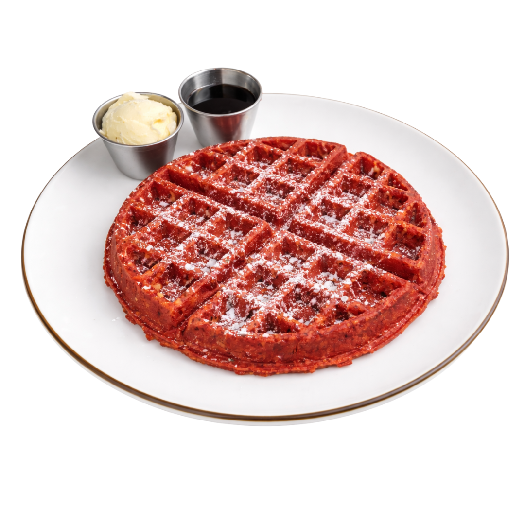 Red Velvet Spelt Waffle with vegan butter and maple syrup