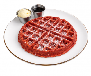 Red Velvet Spelt Waffle with vegan butter and maple syrup